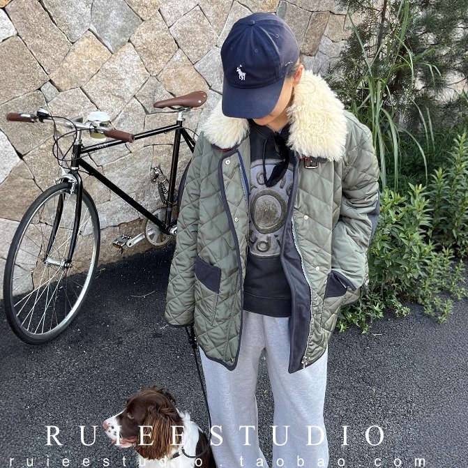 真羊毛毛领菱格绗缝军绿薄棉服女