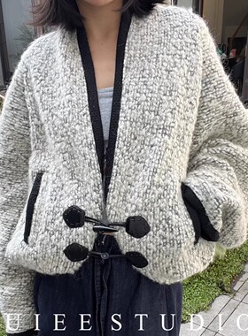 正确版篙品质 真牛角扣圈圈马海毛羊毛廓形开衫外套女