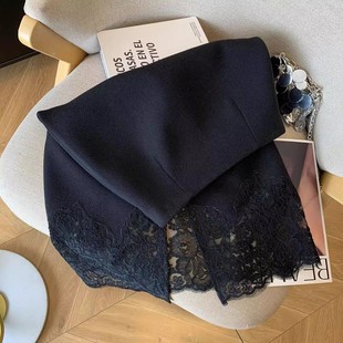 2025秋冬新高级感蕾丝拼接毛呢半身裙女高腰显瘦气质OL直筒包臀裙