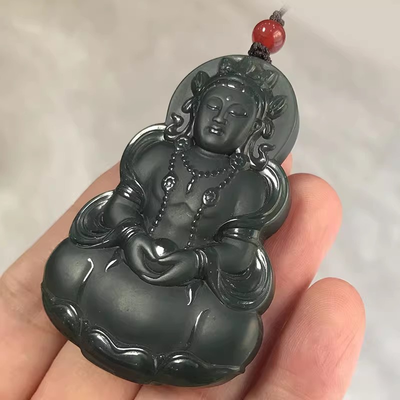 天然新疆玉石菩萨佛像玉牌男女士护身符和田玉细料双面雕观音吊坠