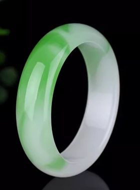 仿玉飘翠镯子时尚旺夫羊脂玉半白半绿飘花新疆和田玉白玉带翠手镯