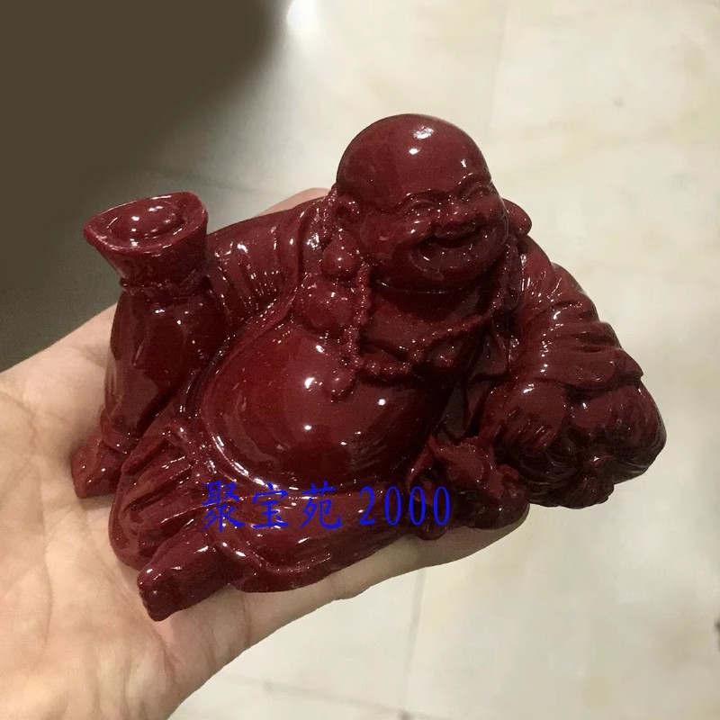 车上保平安吉祥物大红色摆饰仿玉石桌面店面饰品朱砂弥勒佛像摆件