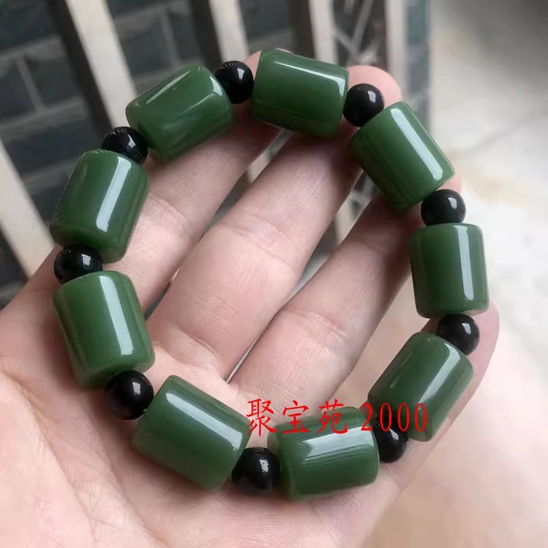 碧玉菠菜绿男女款玉石手链大气路路通手串仿新疆和田玉桶珠手串珠