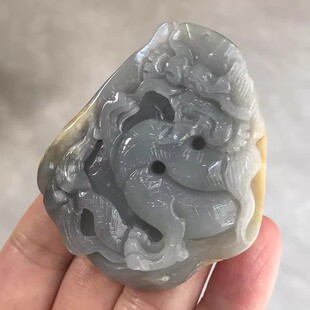 天然新疆和田玉青花籽料带皮龙手把件玉石如意祥龙男女文玩把玩件