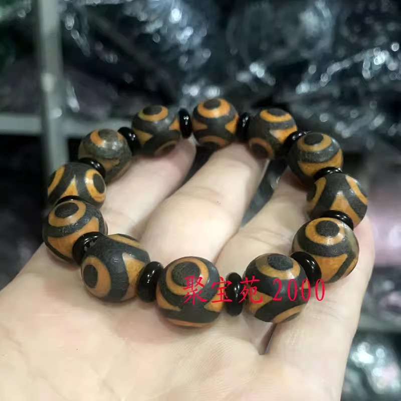 磨砂玛瑙三眼天珠桶珠手饰护身手环西藏天然真品三眼天珠圆珠手串