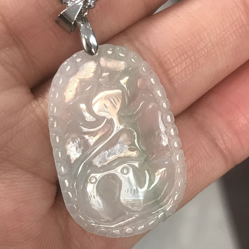 天然翡翠a货冰种鸳鸯戏水吊坠冰透荷花和和美美挂坠吉祥玉坠孤品