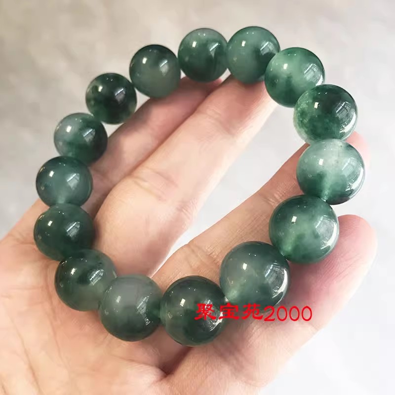 冰种石英岩玉飘花手串翡翠色女油青玉石手链单圈散珠圆珠手饰串珠