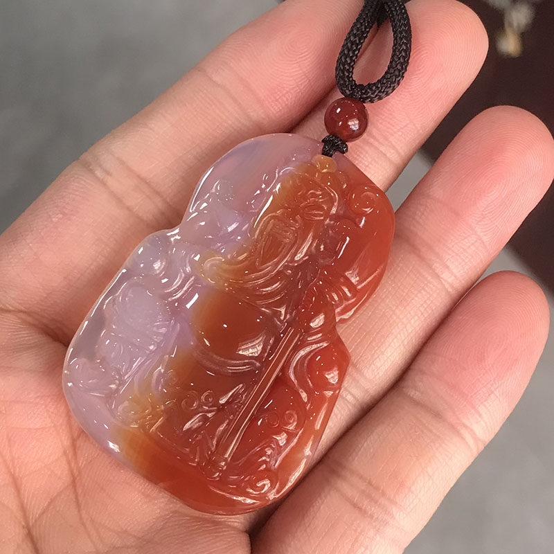 天然俏色玉髓武财神关羽关二爷挂件男女招财护身项链玛瑙关公吊坠