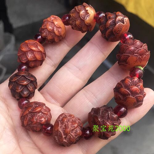 老蜜蜡核桃手饰品仿古做旧老货文玩手串包桨琥珀蜜蜡精雕莲花手链
