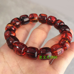 琥珀蜜蜡单圈老型珠手链男女血丝珀手串经典云纹血珀扁珠首饰礼品
