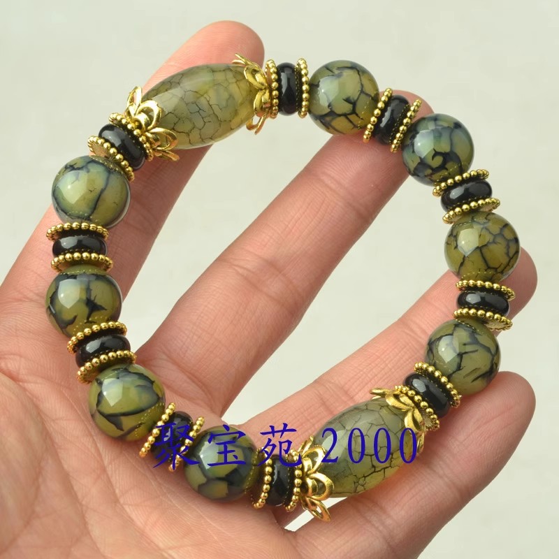 龙纹玛瑙黄绿复古男女情侣原石佛珠水晶手链天然玛瑙手串仿古老玉
