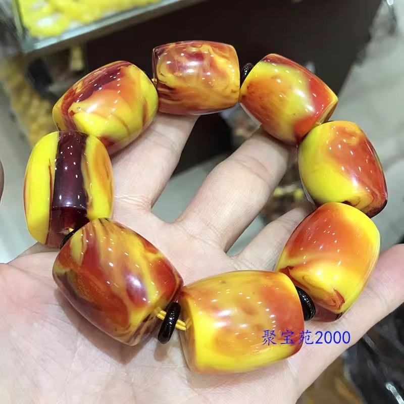 鸡油黄老蜜蜡路路通手链蜜蜡金纹蜜圆柱手串新款大号蜜蜡桶珠手链