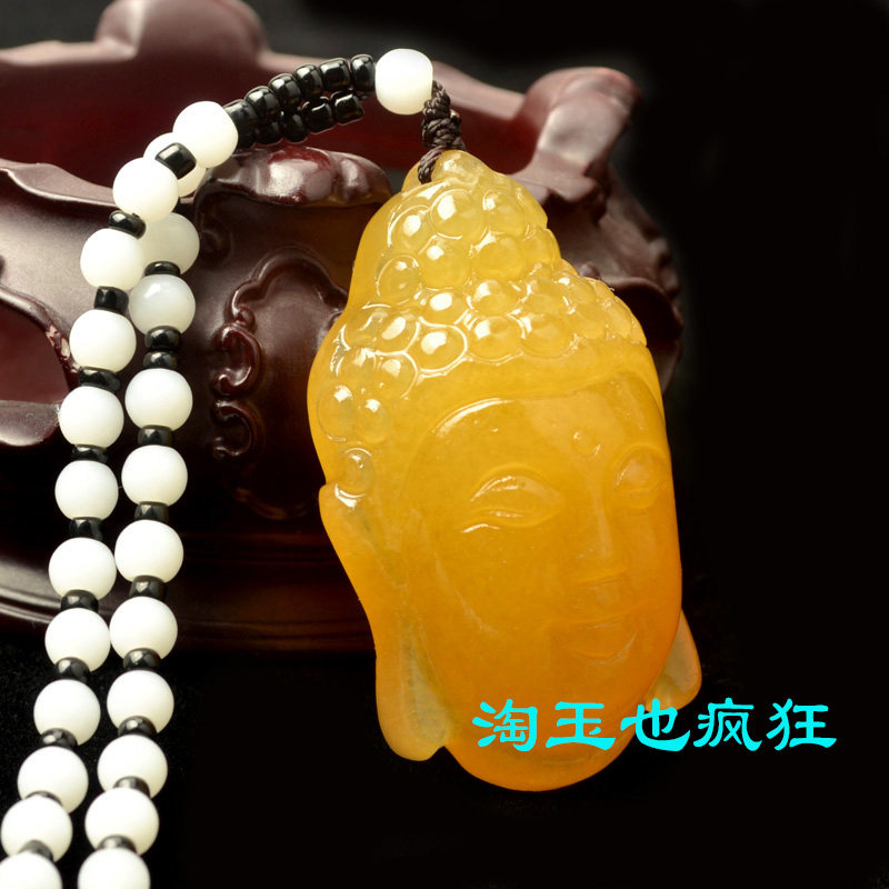 黄龙玉佛头吊坠鸡油黄精品黄腊石佛祖佛头挂件男女玉石颈饰项链