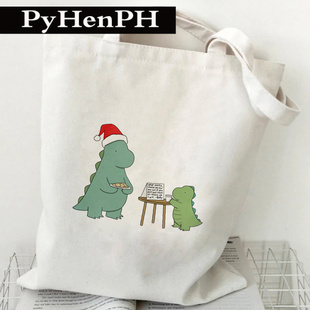 Christmas Dinosaur Canvas Tote Bag圣诞恐龙印花手提帆布包布袋