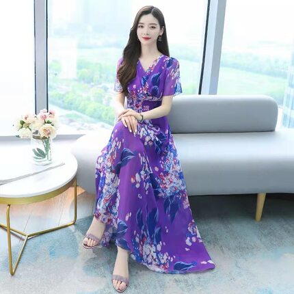 夏季女装时尚甜美百搭收腰V领短袖印花连衣裙时尚气质韩版连衣裙