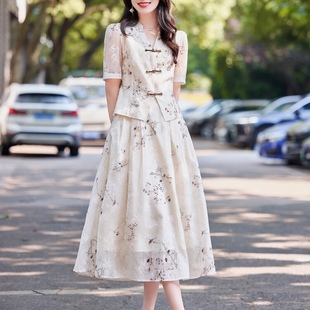 秋思禅2025夏新款新优雅气质中式国风盘扣设计感碎花连衣裙套装女