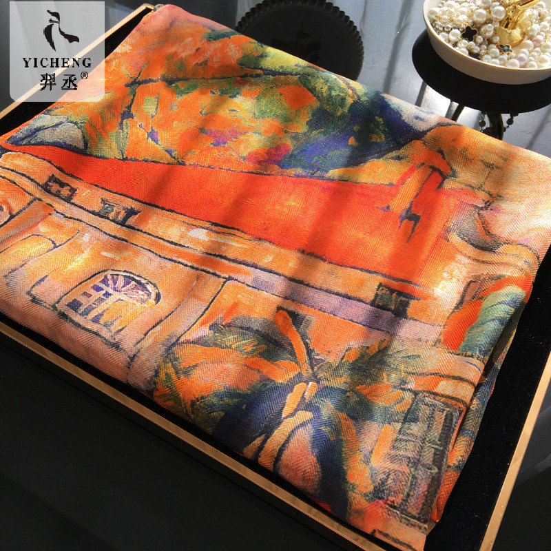 【油画小镇晚霞】优雅美丽的100%桑蚕丝人字纹真丝丝巾围巾披肩女