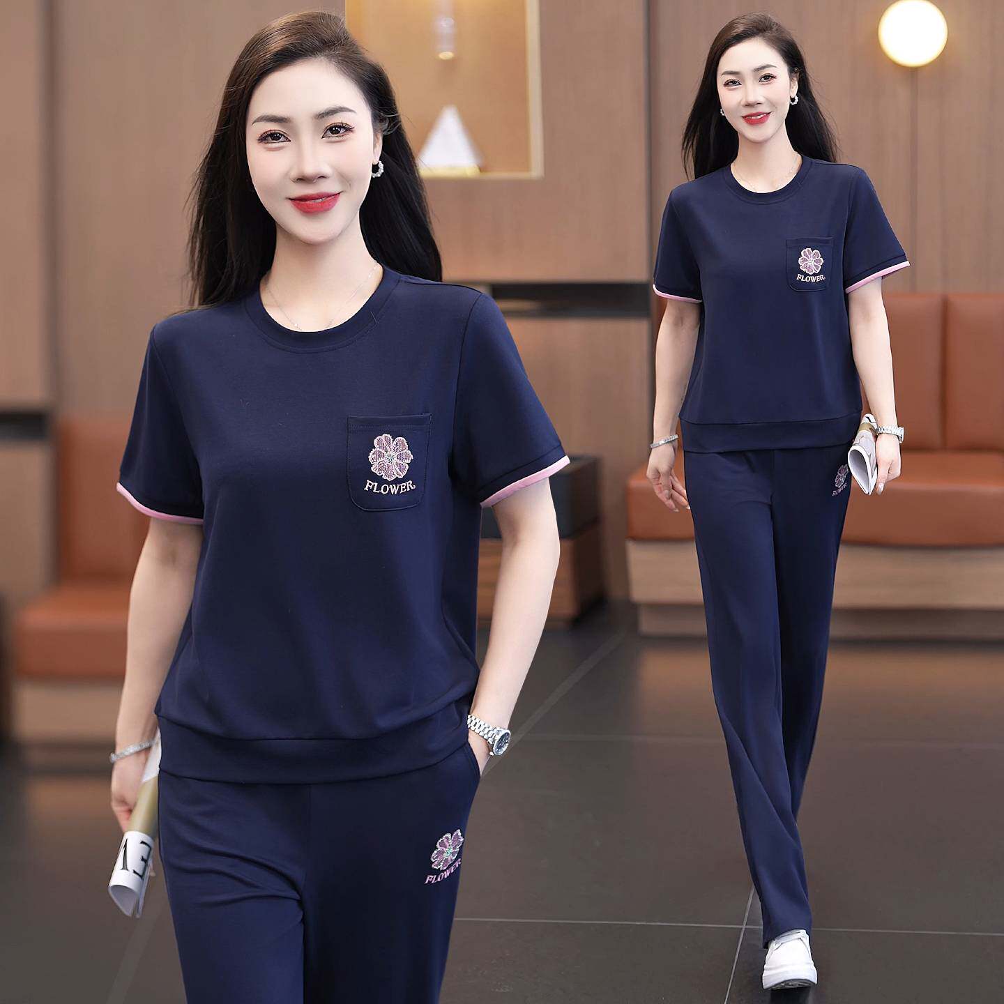 专柜品牌短袖长裤运动套装女夏季2026新款圆领休闲两件套洋气减龄