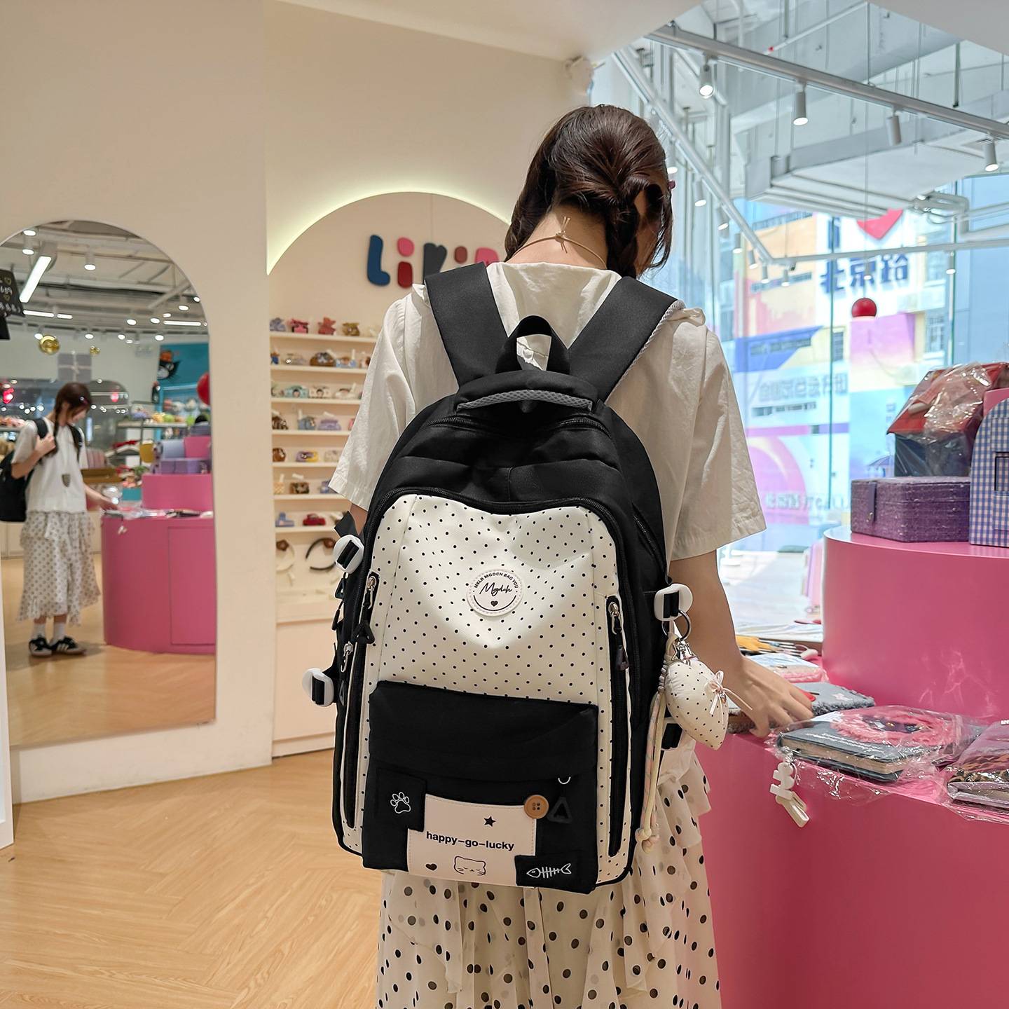 专柜日系清新波点甜美可爱猫咪背包初高中生休闲学院风书包轻便双