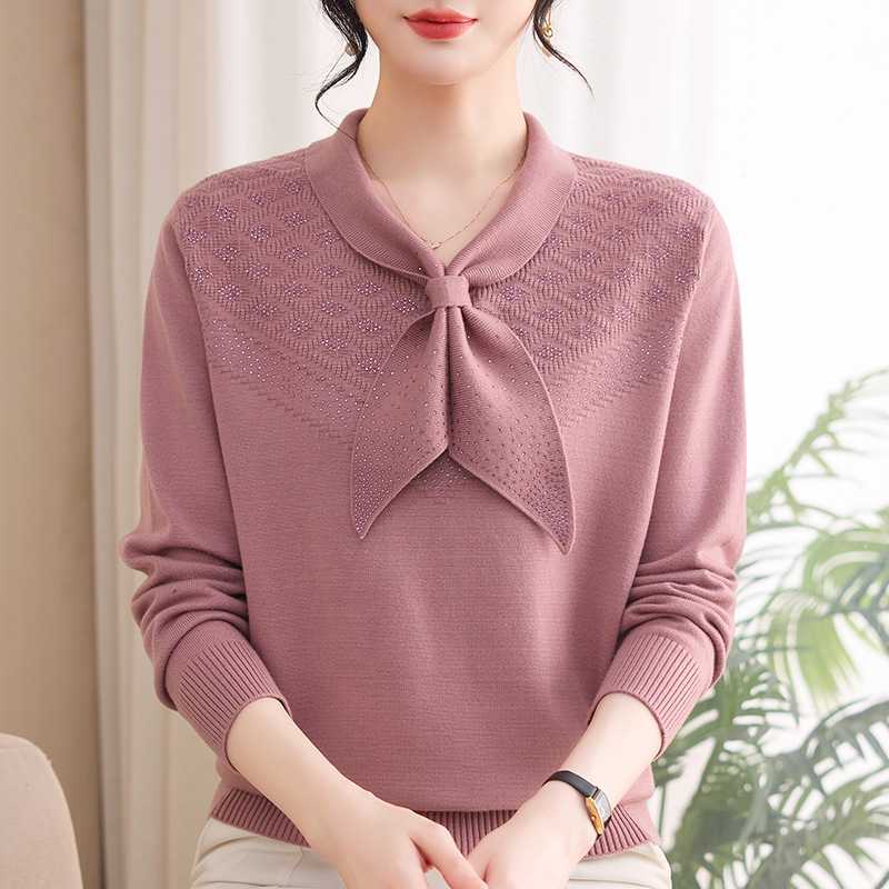 专柜洋气飘带针织衫女年轻妈妈装春秋薄款打底上衣中老年女士时尚