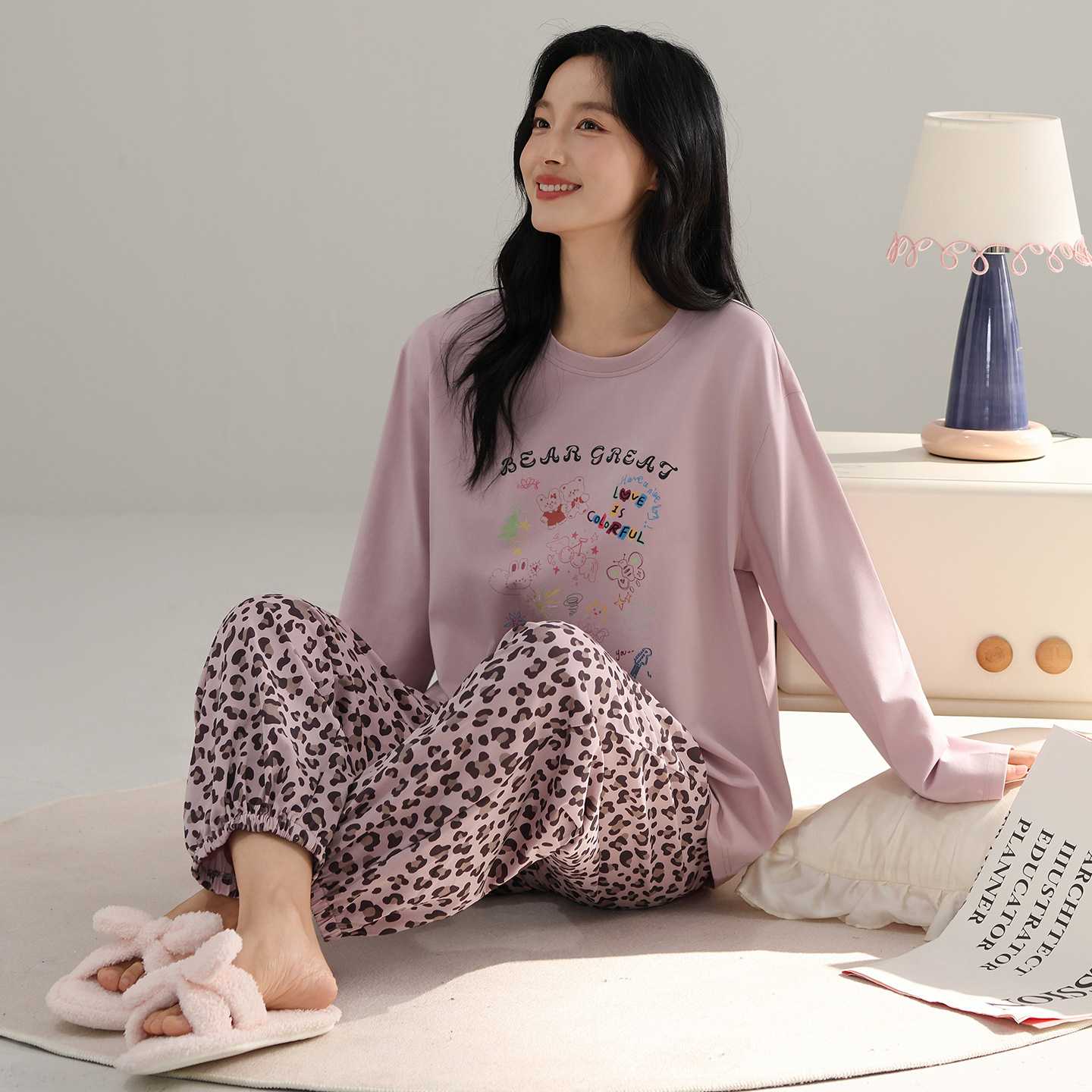 专柜睡衣女春秋纯棉长袖长裤家居服大码圆领可外穿豹纹上衣+裤子