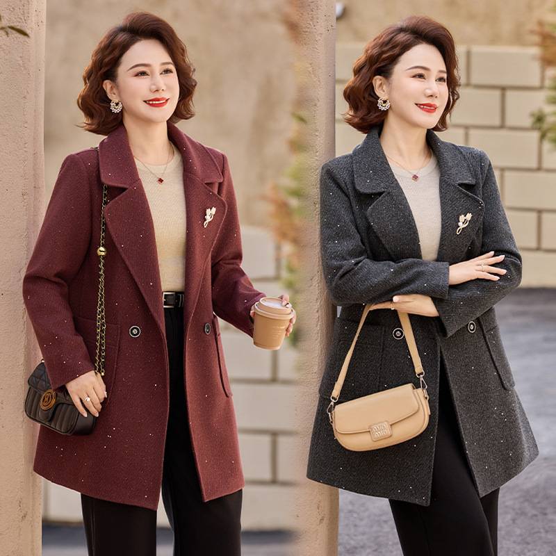 专柜妈妈秋装时尚中长款毛呢外套2026新款中老年女装春秋洋气呢子