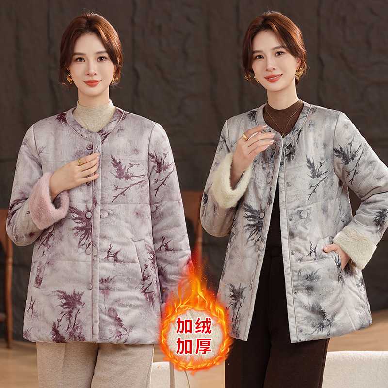 专柜奶奶冬季提花棉衣中老年人女装加绒加厚款圆领棉服妈妈新中式