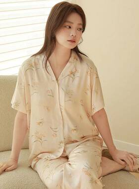 专柜品牌26年春款人棉贡缎家居服唯美黄色花朵印花翻领短袖长裤睡
