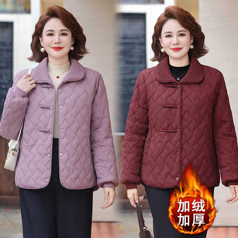 专柜妈妈秋冬装翻领棉袄中年女装洋气格子棉服中老年加绒加厚棉衣
