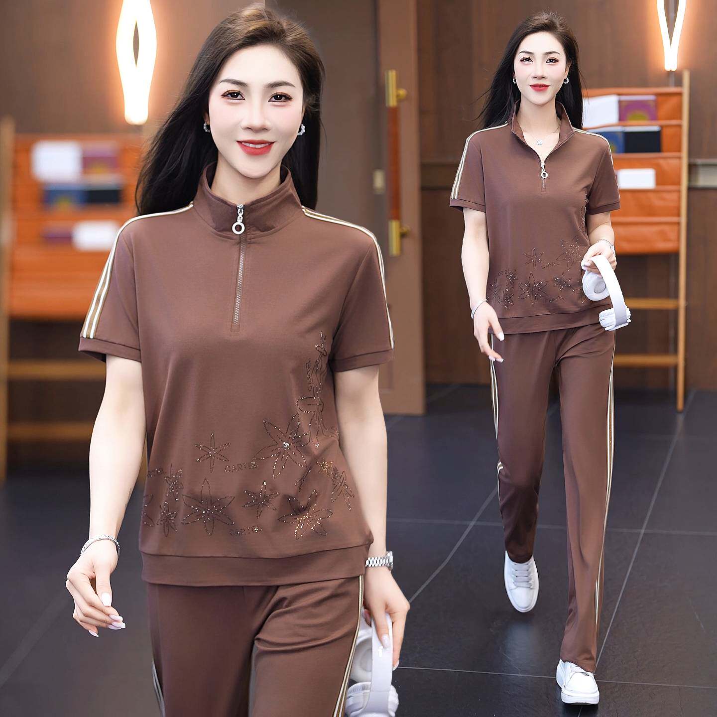 专柜品牌2026夏季新款女士运动套装立领短袖冰丝休闲两件套时尚运
