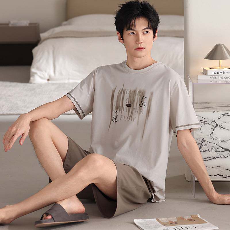专柜品牌男士睡衣夏季2026新款纯棉短袖短裤男款时尚薄款可外穿家