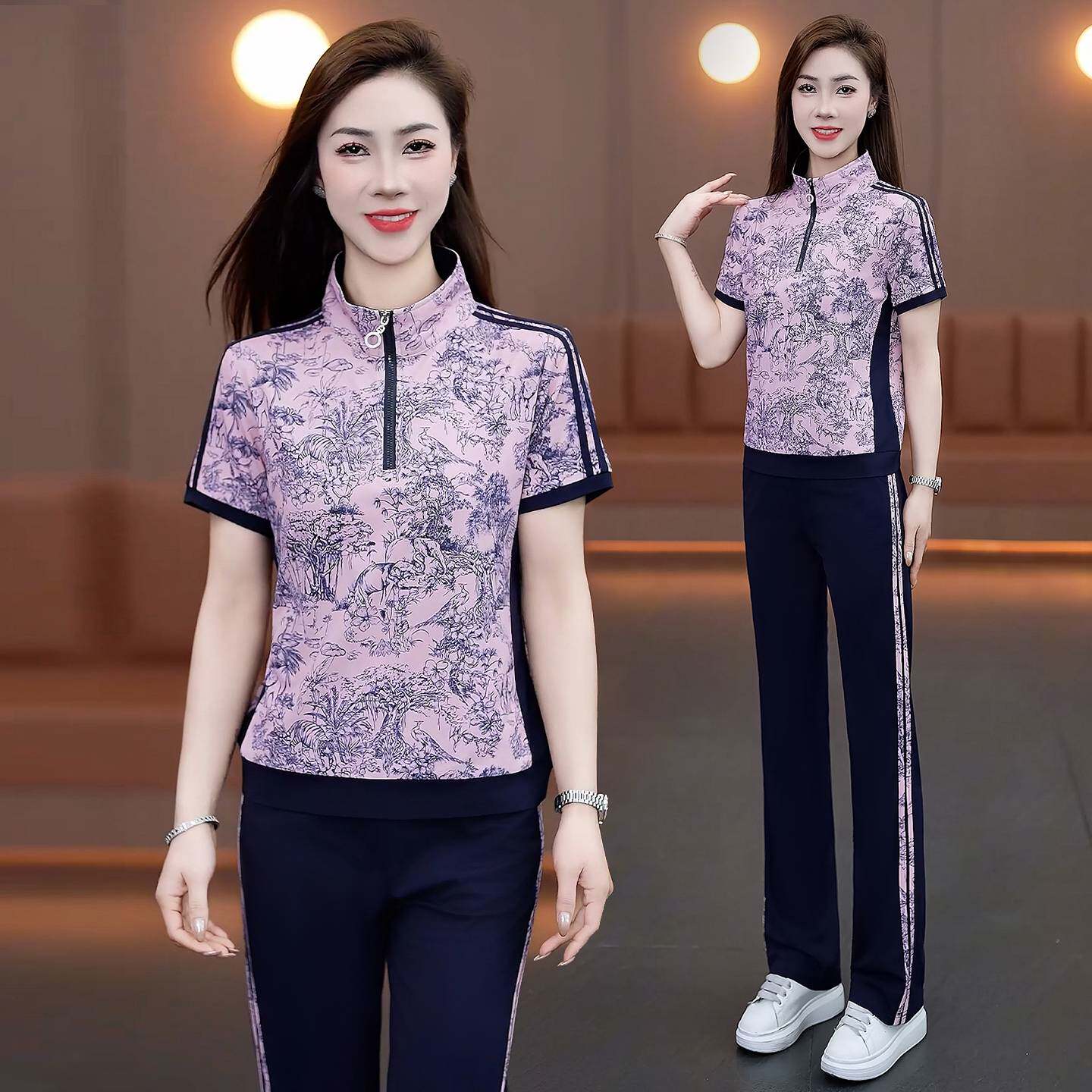 专柜品牌休闲运动套装女2026夏季新款洋气印花立领短袖长裤冰丝两