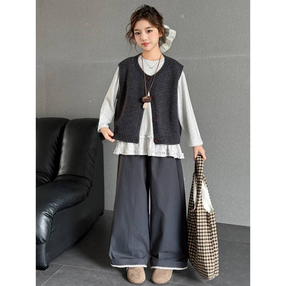 专柜品牌慵懒风简约叠穿毛衣马甲外套女童2026春秋季新款宽松百搭