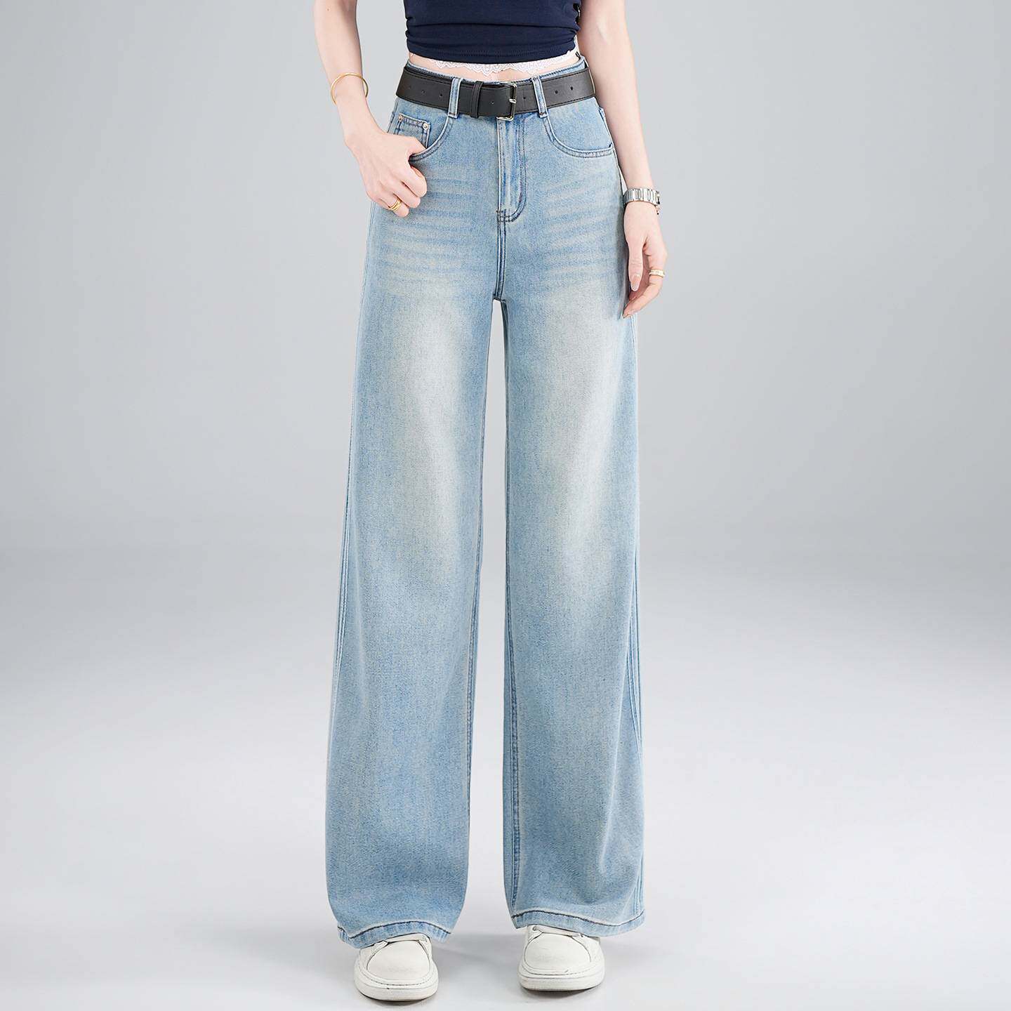 专柜品牌复古弯刀裤牛仔阔腿裤女2026春季新款小个子设计感百搭垂