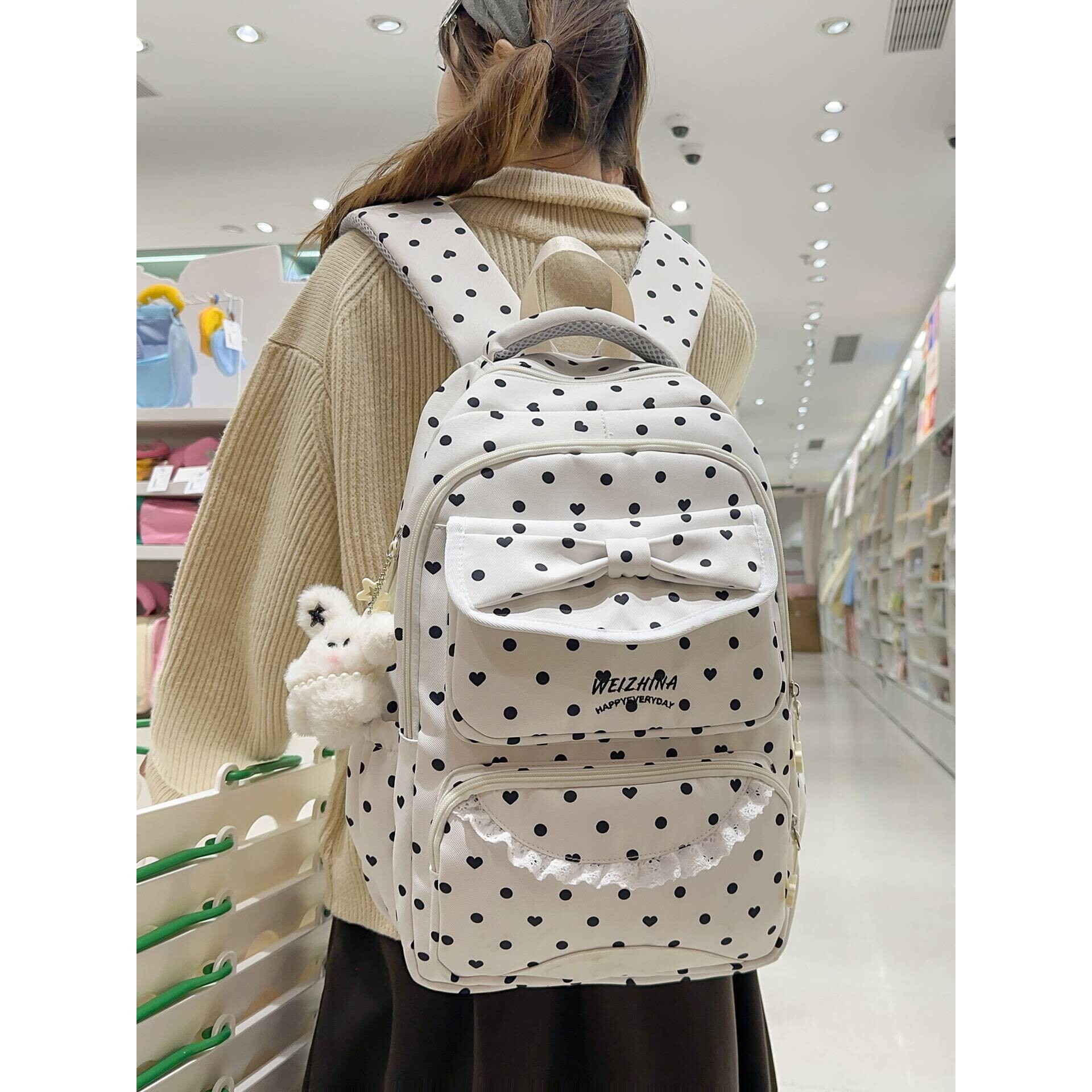专柜书包初中女生少女心波点蝴蝶结百搭双肩包高颜值高中学生背包