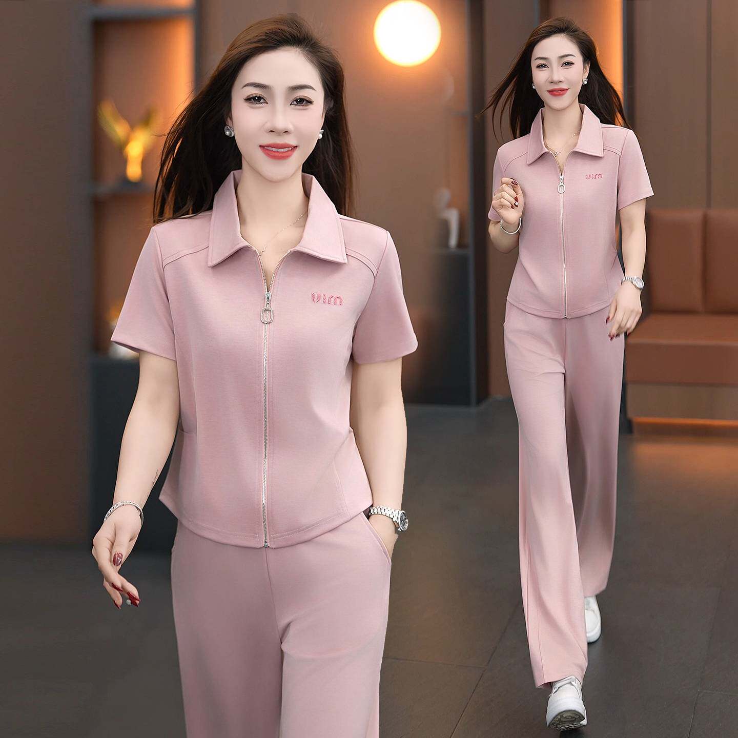 专柜品牌翻领短袖拉链开衫两件套女夏季休闲运动套装洋气减龄时尚