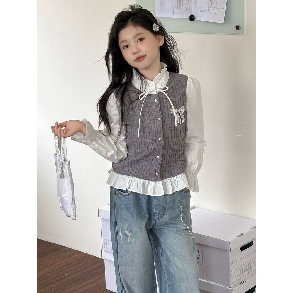 专柜品牌女童套装春装2026新款洋派时髦小香风衬衫卫衣假两件女大