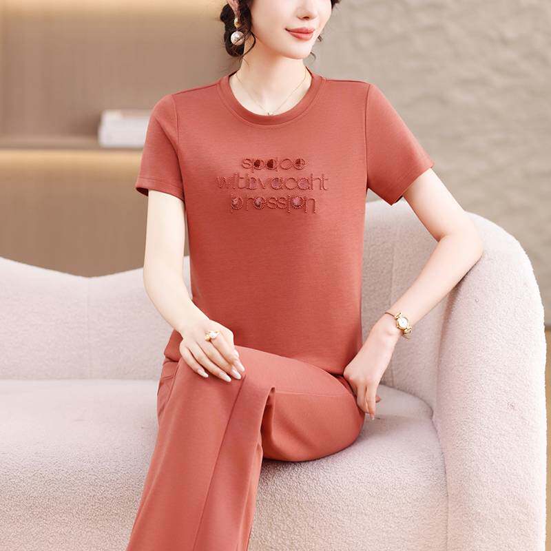 专柜品牌休闲短袖套装女夏圆领字母印花显瘦减龄中年妈妈装两件套