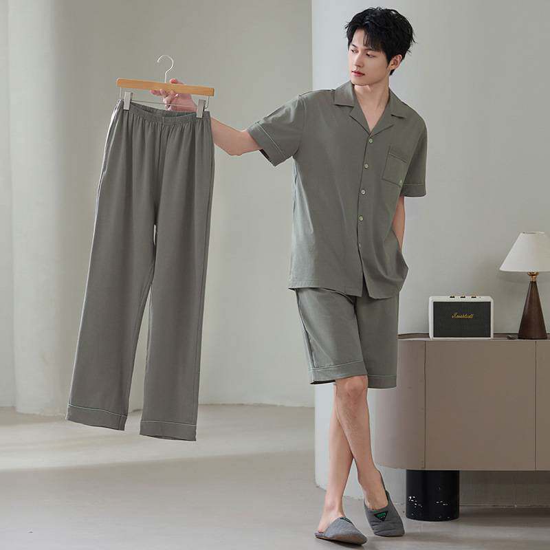 专柜品牌7A抗菌男睡衣夏季三件套纯棉短袖开衫高级感青少年大码夏