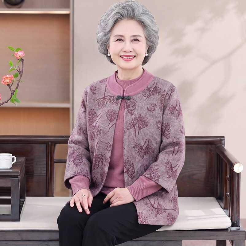 专柜老年人女秋冬款洋气外套70岁妈妈装针织毛衣时尚真两件套奶奶