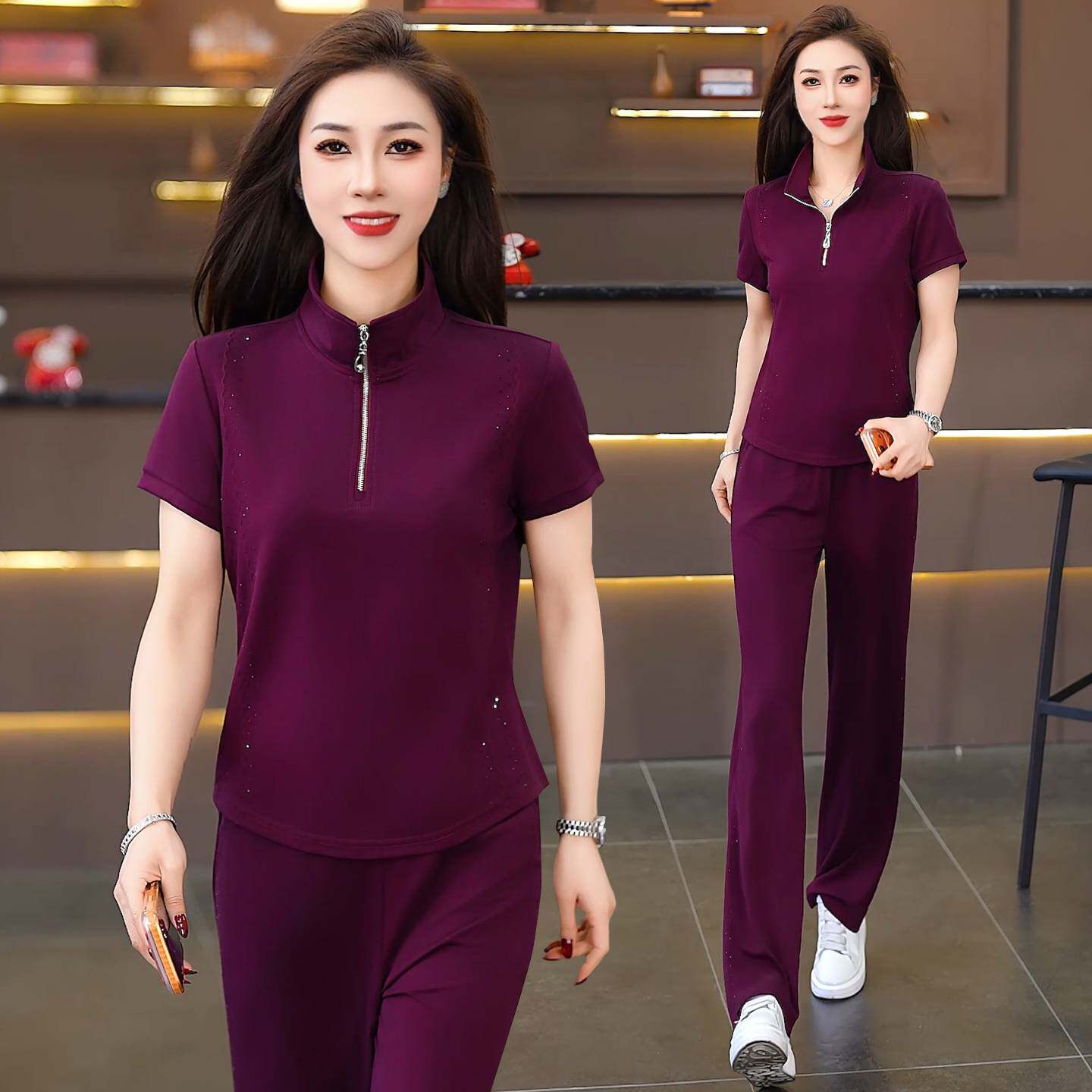 专柜品牌运动套装女夏2026新款洋气妈妈装薄款短袖长裤时尚休闲跑
