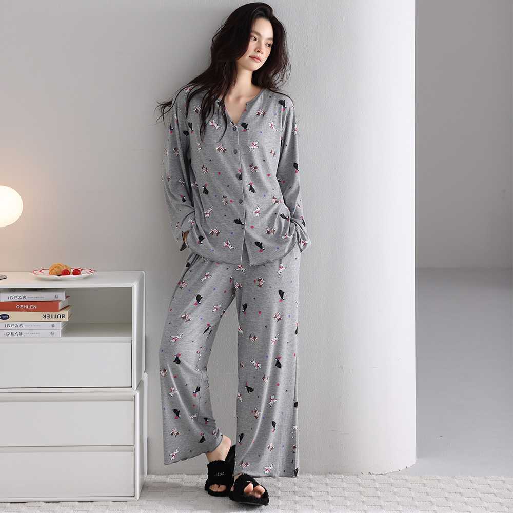 专柜睡衣女士春秋季莫代尔长袖柔软可外穿大码卡通家居服秋冬薄款