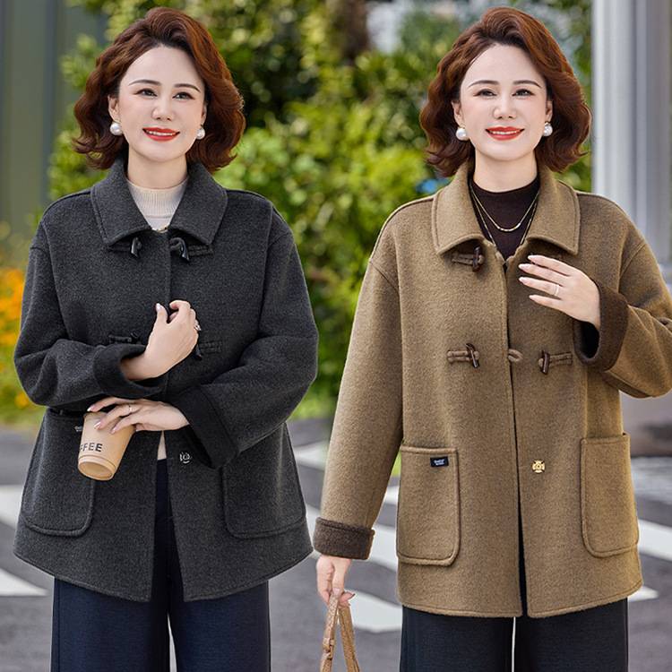 专柜妈妈秋装宽松大码毛呢外套中老年女装洋气上衣春秋爆款双面呢