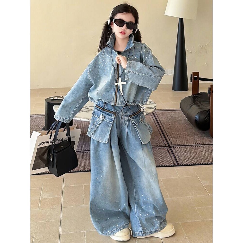 专柜品牌女大童牛仔套装2026春季新款女孩韩版工装裤两件套潮酷初