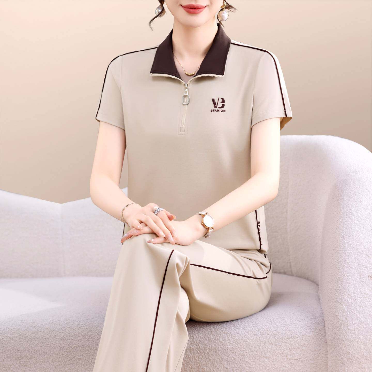 专柜品牌休闲运动套装女夏2026新款洋气妈妈装立领薄款短袖时尚跑