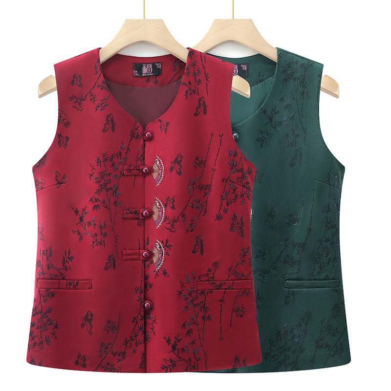 专柜品牌老年人女装春秋马甲奶奶缎面国风坎肩背心妈妈外穿马甲老