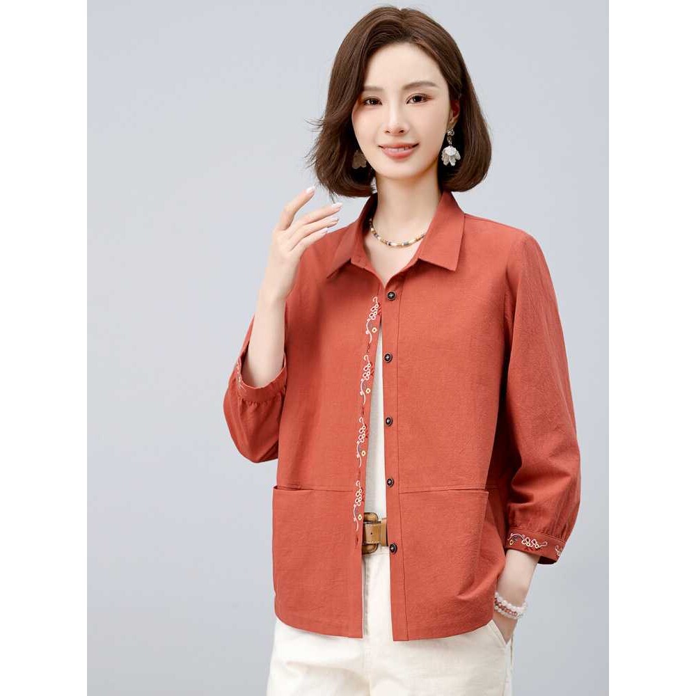专柜中年女士妈妈装2026春秋新款翻领上衣服高端洋气衬衫纯棉薄外