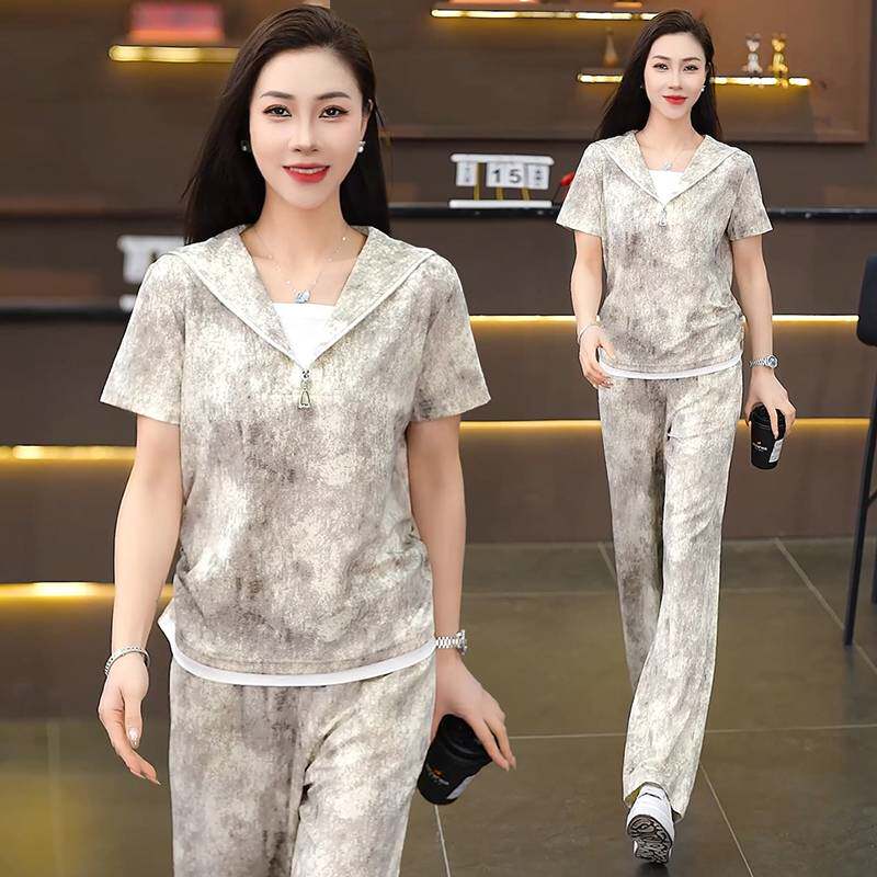 专柜品牌2026夏装罗马花布时尚女式套头连帽短袖长裤舒适透气运动