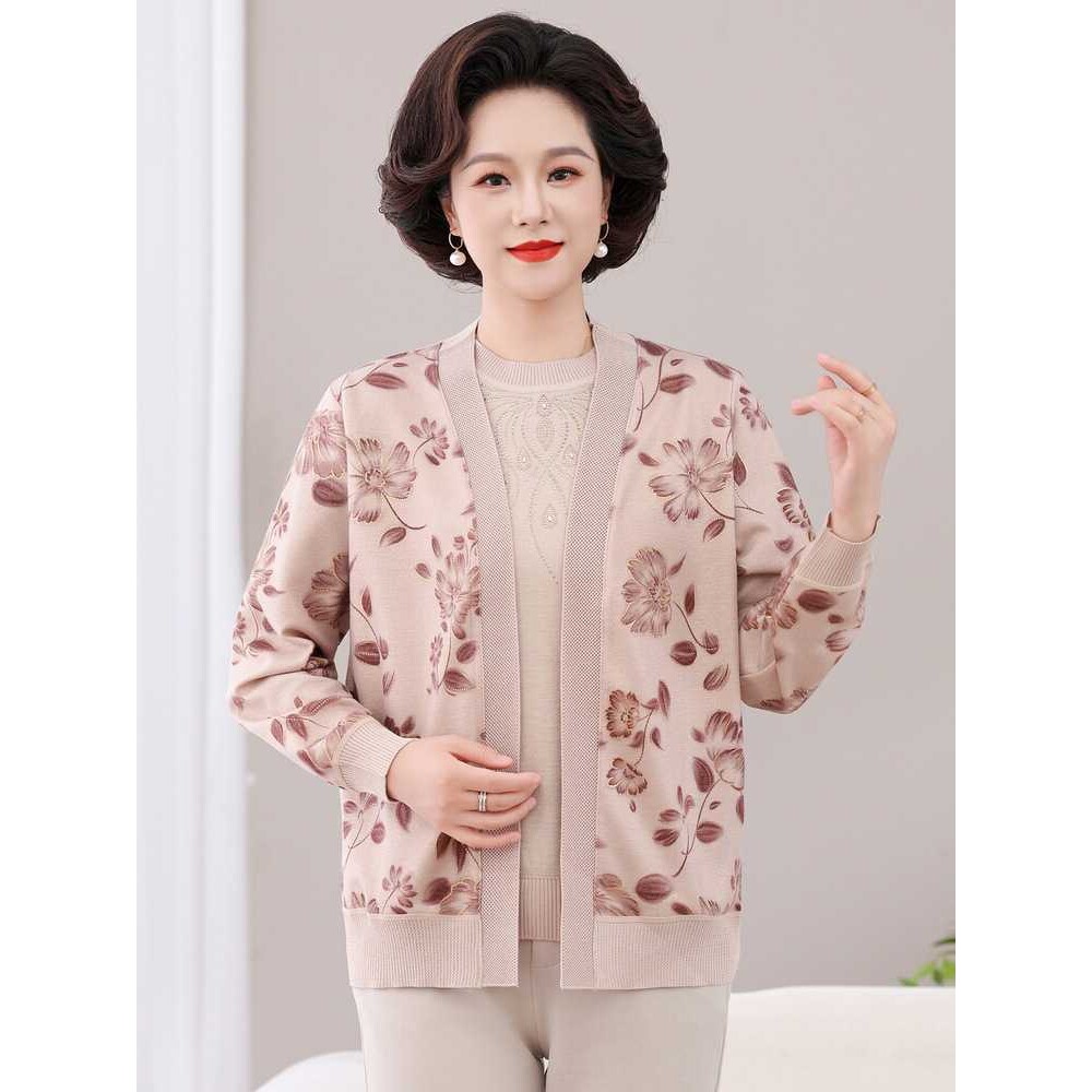 专柜妈妈装秋装针织开衫外套宽松中老年女装圆领短袖T恤小衫两件