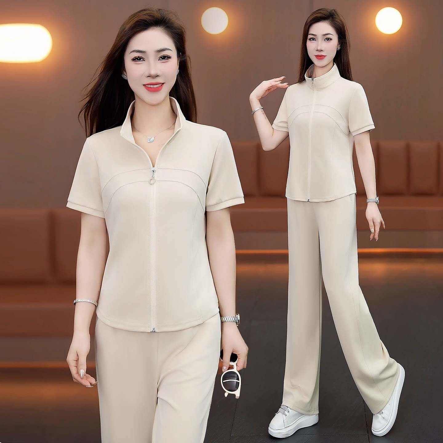 专柜品牌洋气运动套装女2026夏季新款显瘦立领短袖阔腿裤冰丝休闲